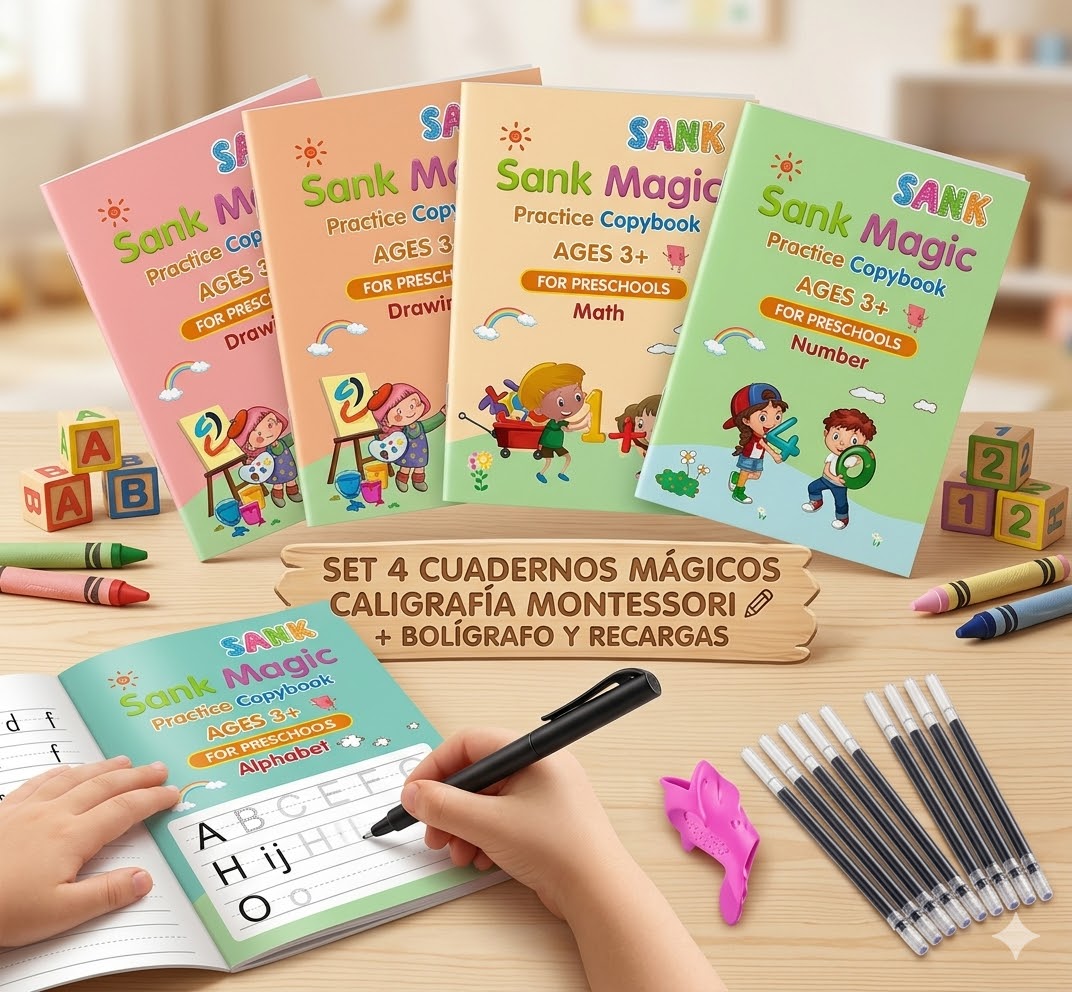 Set 4 Cuadernos Mágicos Caligrafía Montessori + Bolígrafo + Recargas